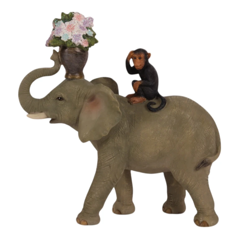 Tierfigur Elefant mit Affe - braun - 17 cm