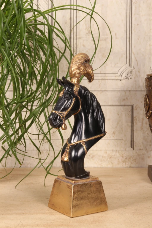 Pferdekopf-Statue – Schwarz/Gold – 36,5 cm