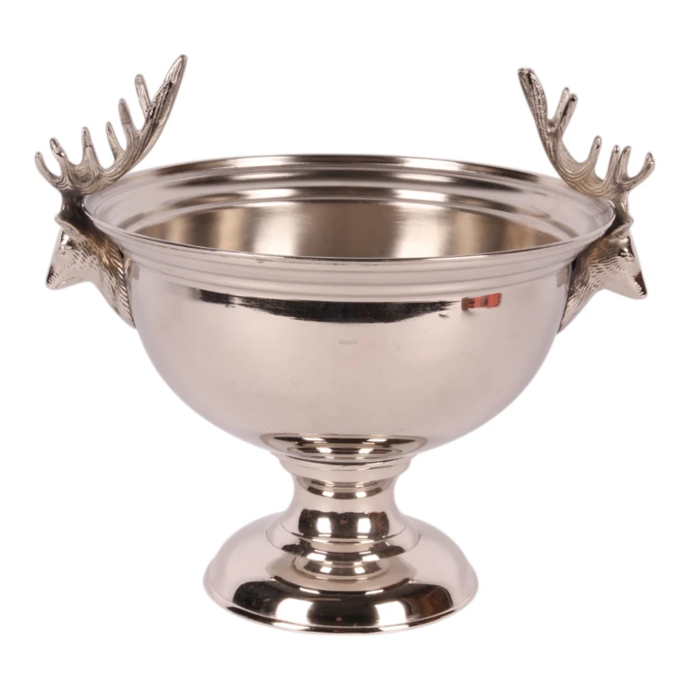 Weinkühler mit Hirschköpfen – silberfarbiges Messing – 27,5 cm