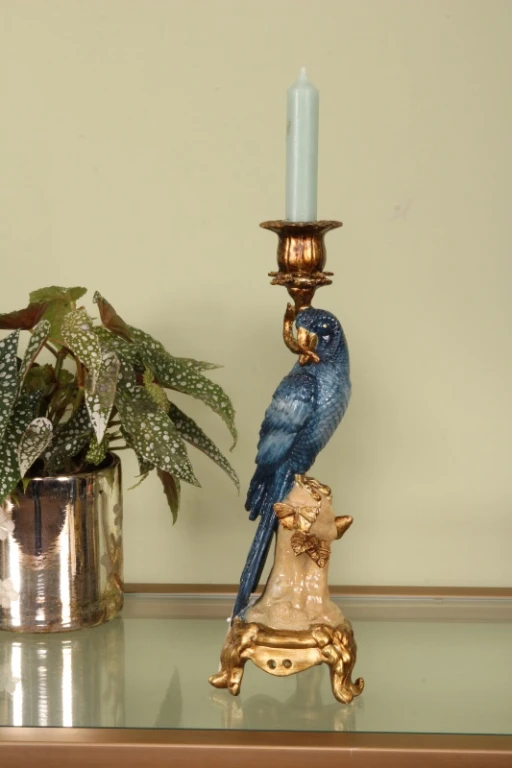 Kerzenständer Papagei - 33 cm - blau - Kunstharz