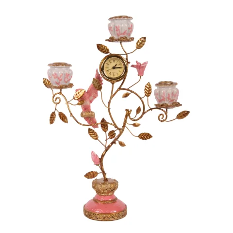 Kandelaar Papegaai met Klok 32 cm - Roze - Resin