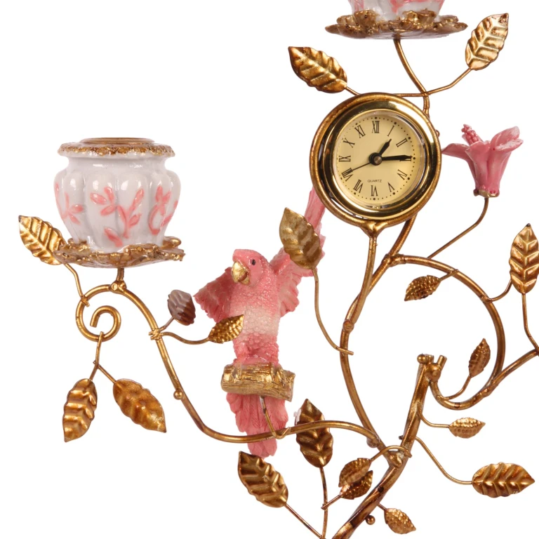 Kerzenständer Papagei mit Uhr - 32 cm - rosa - Kunstharz