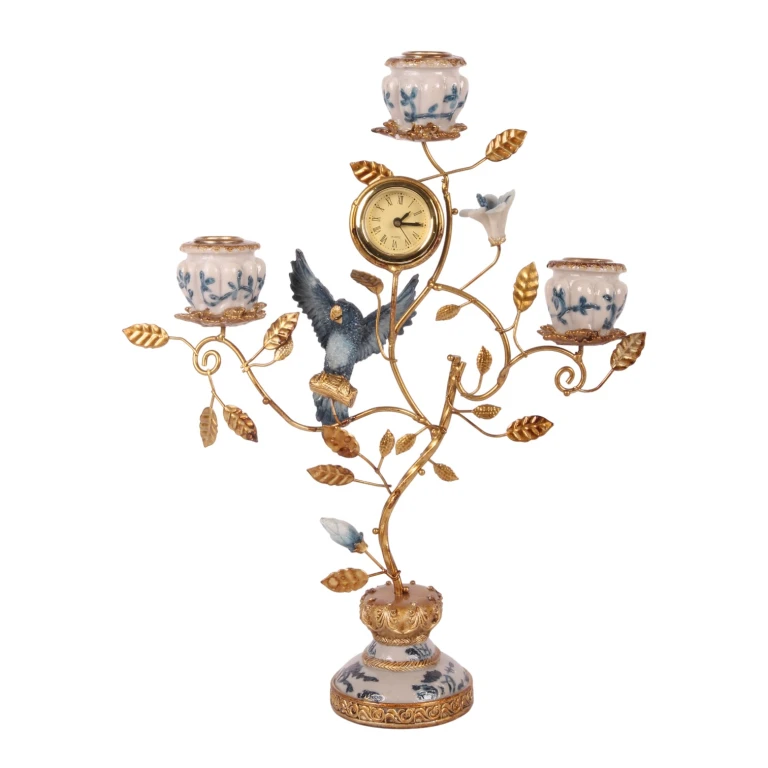 Kerzenständer Papagei mit Uhr – 32 cm – blau – Kunstharz