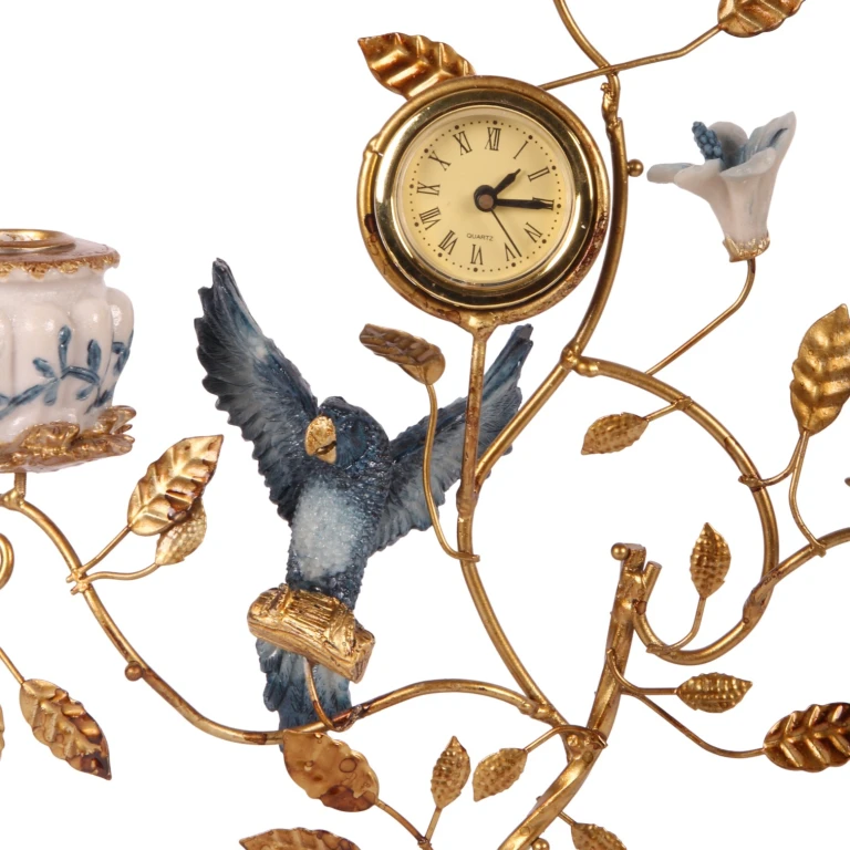 Kerzenständer Papagei mit Uhr – 32 cm – blau – Kunstharz