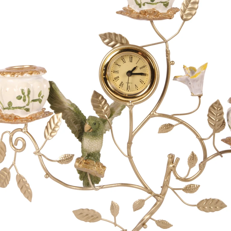 Kerzenständer Papagei mit Uhr - 32 cm - grün - Kunstharz