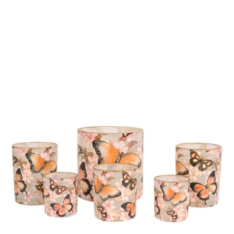 Teelichthalter mit Schmetterlingen – rosa – Glas – 15 cm