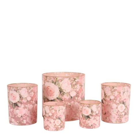 Waxinelichthouder bloemenprint - roze - glas - 15 cm