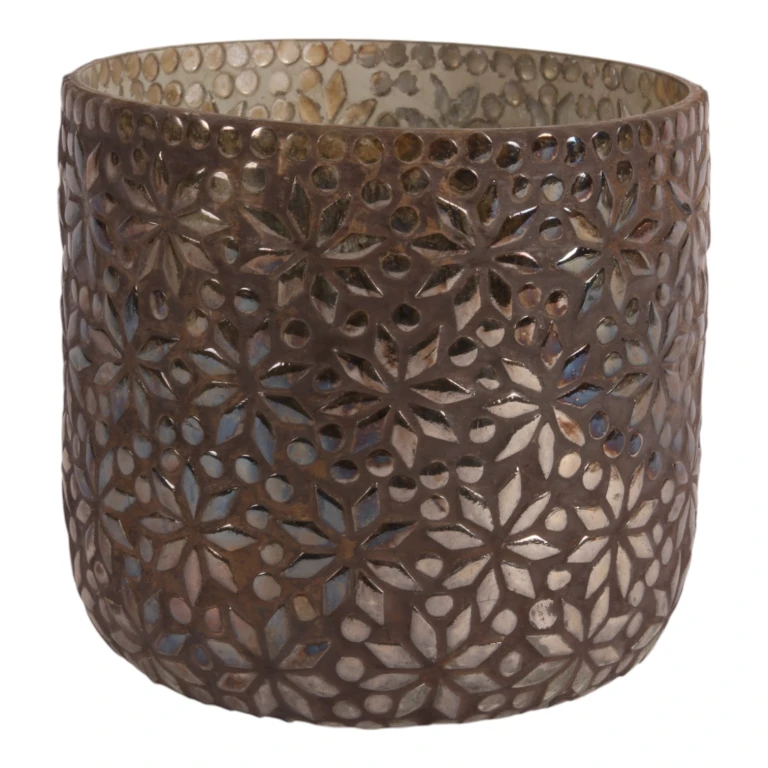Teelichthalter Mosaikblume – braun – Glas – 17 cm