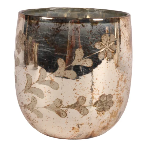 Waxinelichthouder Bloemen - 16 cm - goud - glas